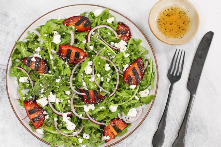 Grilled Plum & Goat Cheese Salad with Honey Lemon Dressing