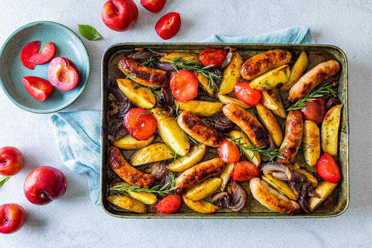 Sheet Pan Sausage, Potatoes and Plums